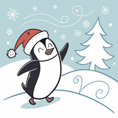 Dancing Penguin with Santa Hat in Snow – Cute Christmas Winter Vector Illustration