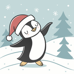 Dancing Penguin with Santa Hat in Snow – Cute Christmas Winter Vector Illustration