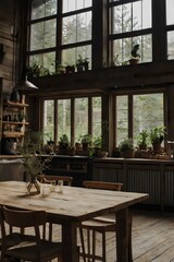 Obraz premium A rustic kitchen with a wooden table and chairs