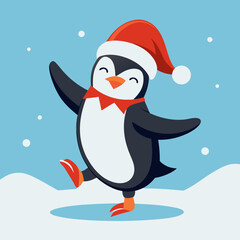 Dancing Penguin with Santa Hat in Snow – Cute Christmas Winter Vector Illustration