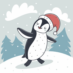 Dancing Penguin with Santa Hat in Snow – Cute Christmas Winter Vector Illustration