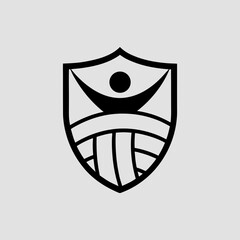 minimalist black and white logo for a volleyball team, with a clean outline of a spiking player silhouette above a net, inside a shield emblem