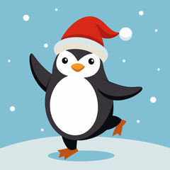 Dancing Penguin with Santa Hat in Snow – Cute Christmas Winter Vector Illustration