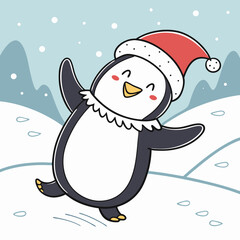 Dancing Penguin with Santa Hat in Snow – Cute Christmas Winter Vector Illustration