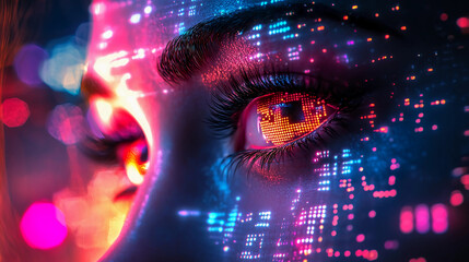 Digital goddess with glowing eyes and pixel crown, neon-themed art