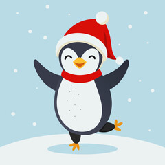 Dancing Penguin with Santa Hat in Snow – Cute Christmas Winter Vector Illustration