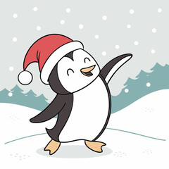 Dancing Penguin with Santa Hat in Snow – Cute Christmas Winter Vector Illustration
