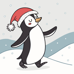 Dancing Penguin with Santa Hat in Snow – Cute Christmas Winter Vector Illustration
