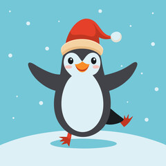 Dancing Penguin with Santa Hat in Snow – Cute Christmas Winter Vector Illustration