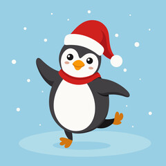 Dancing Penguin with Santa Hat in Snow – Cute Christmas Winter Vector Illustration