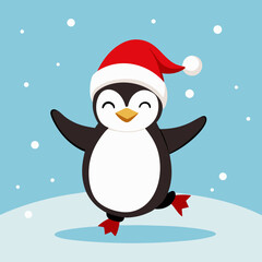 Dancing Penguin with Santa Hat in Snow – Cute Christmas Winter Vector Illustration