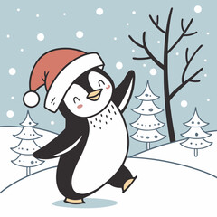 Dancing Penguin with Santa Hat in Snow – Cute Christmas Winter Vector Illustration