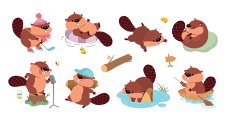 Funny beaver. Cute cartoon beavers sleeping, resting, swimming and singing. Wild forest animal building wooden dam from logs, nowaday vector set