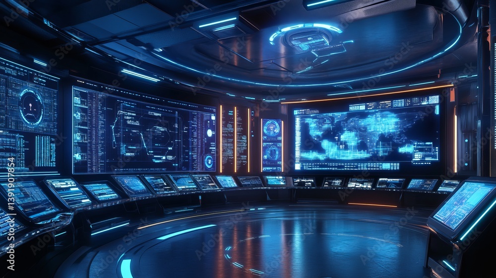 Poster futuristic command center with glowing blue screens and a circular console arrangement in a dark roo