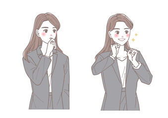 考えている女性と喜んでいる女性のセット