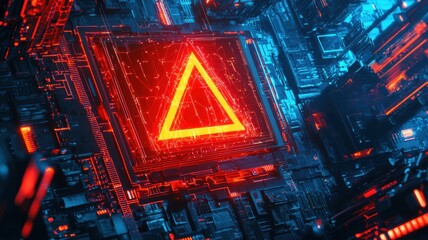 A futuristic digital landscape featuring a glowing red triangle amidst intricate circuitry, conveying a high-tech, cybernetic theme.