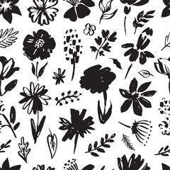 Ink flowers seamless pattern. Abstract art flower, leaf, branch, different black plants. Botanical fabric or wallpaper print, neoteric vector background