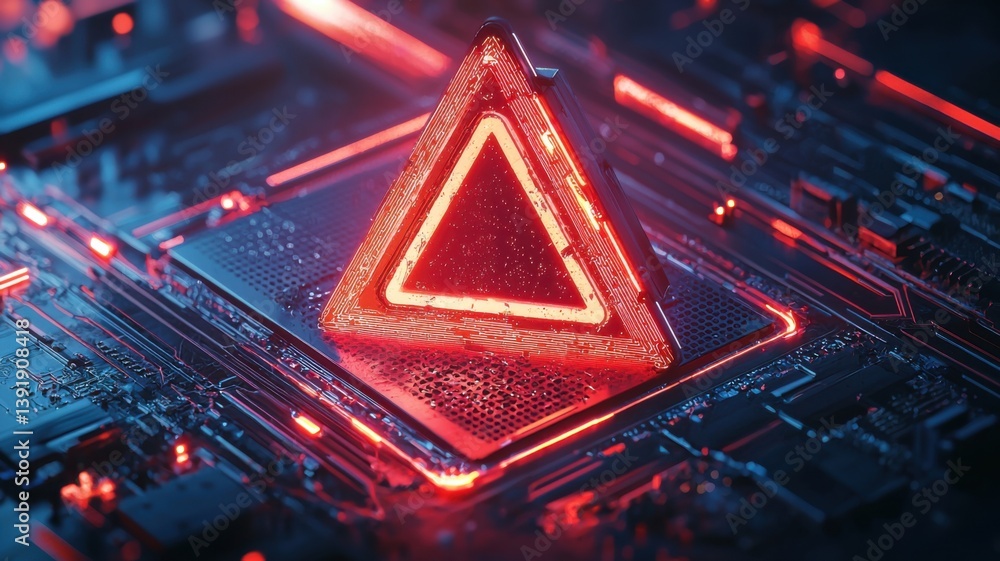 Poster a glowing red triangular warning symbol sits on a circuit board, showcasing a blend of technology an