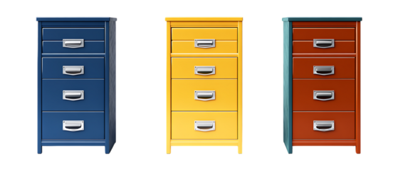 Pack of Filing Cabinet set of Five Different Poses set Against Transparent Background for Office Organization, Furniture Branding, or Storage Design Projects