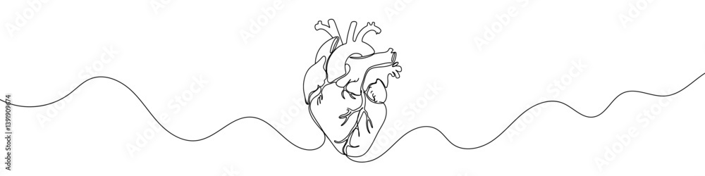 Poster heart icon drawn with one line. black outline of an anatomical heart made with a single continuous l