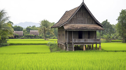 Obraz premium charming wooden Thai village house with steep roof in lush green fields