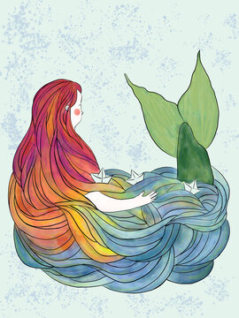 Little watercolored colourful mermaid with long hair and paper origami ships