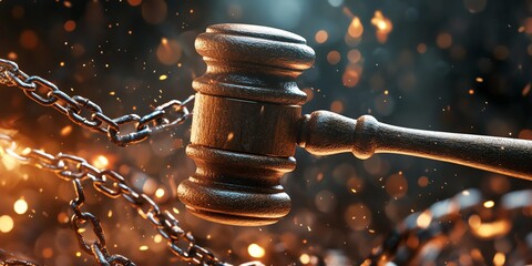 Symbol of Justice Represented by a Gavel Amidst Chains Reflecting Struggle and Conflict in a Dynamic Setting