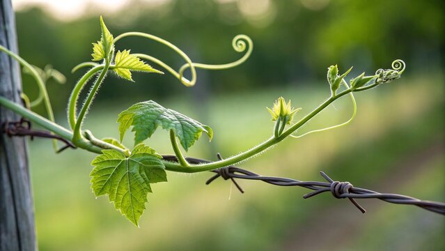 Young vine tendrils and leaves wrapping around a barbed wire, capturing a nature and growth scene with a rustic element.
