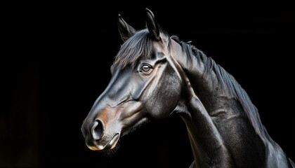 Obraz premium Portrait of a Magnificent Black Horse on a Dark Background, Equine Beauty and Strength