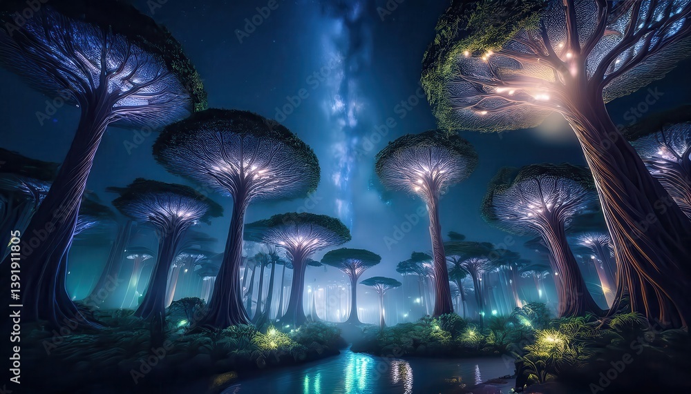 Poster explore an enchanting landscape with bioluminescent trees illuminating a tranquil forest under a sta