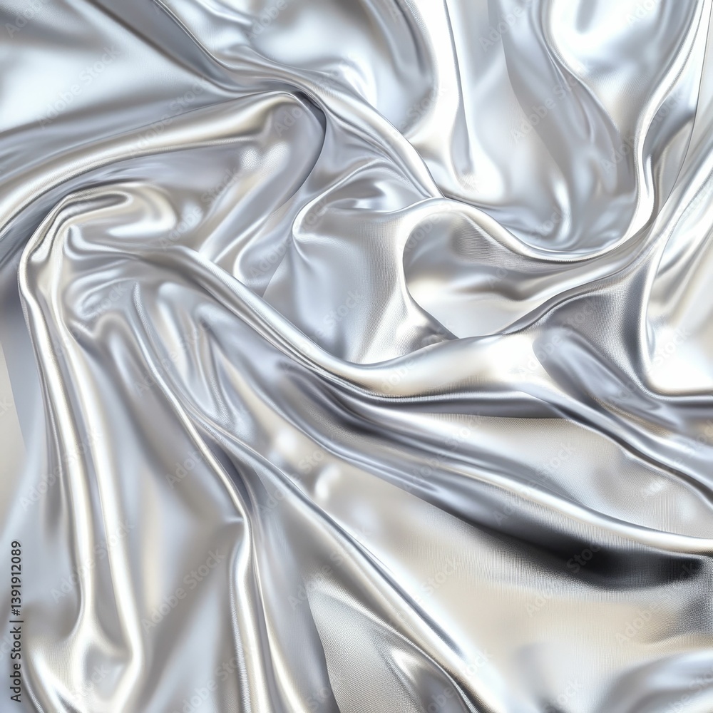 Poster shiny silver fabric with folds and ripples creating a smooth