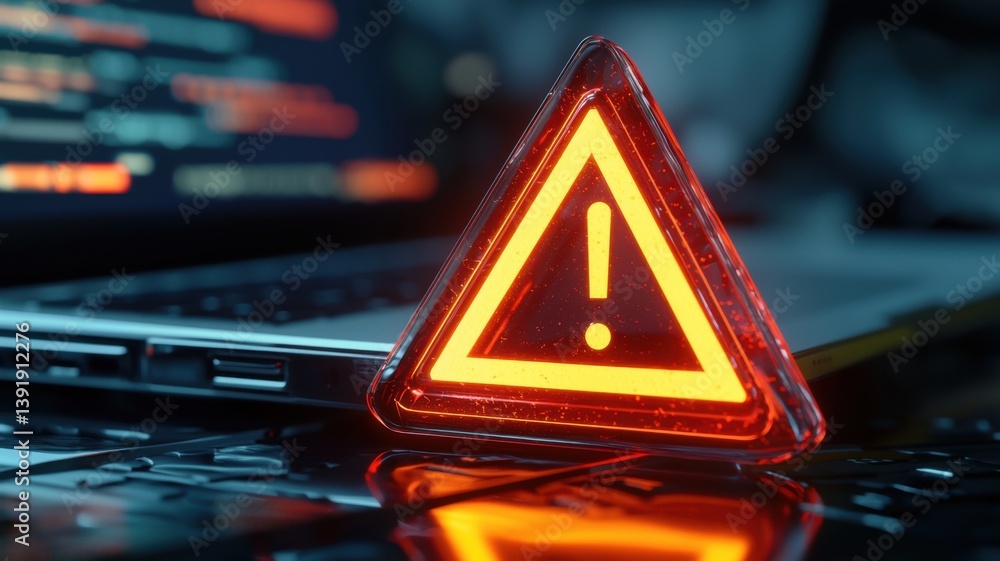 Poster a glowing red warning triangle is displayed in front of a laptop, indicating an alert or caution in 