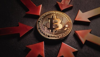 Red arrows point downward around a large Bitcoin logo on a dark surface depicting market volatility