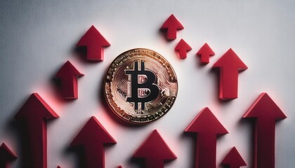 Red arrows indicating growth surround a large symbol associated with digital currency, reflecting a positive market trend during late evening hours