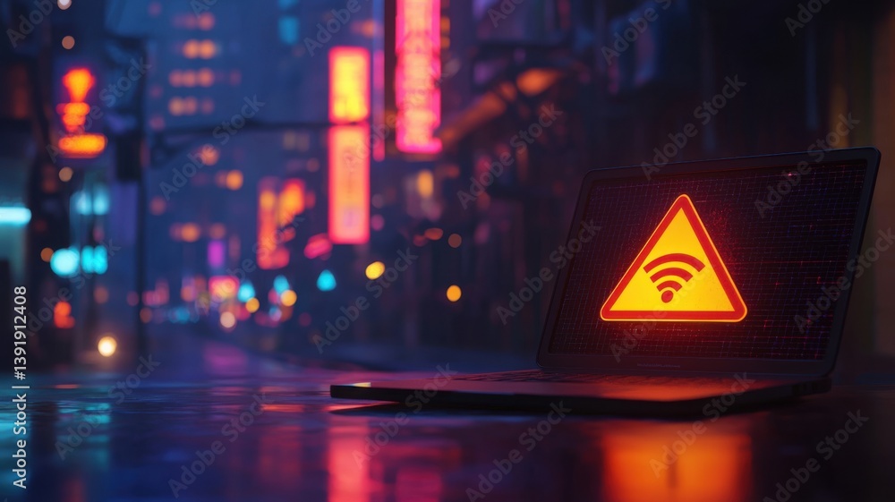 Poster a laptop displaying a warning signal about wi-fi issues is set against a colorful, illuminated urban