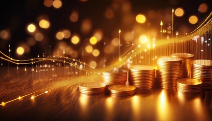 Golden numbers and growth charts represent digital abundance in a vibrant data stream