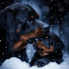 mother rottweiler shielding her pup from the cold