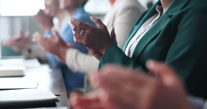 Business, people and hands with applause in meeting for financial seminar, company growth and profit increase. Corporate team, group and clapping in presentation for workshop success and celebration