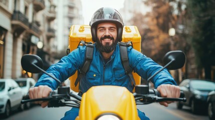 Motorbike delivery man wearing blue uniform and ready to send food. Delivering Food. Delivery beautiful man of take away with isothermal food yellow case box driving find home. Express food delivery