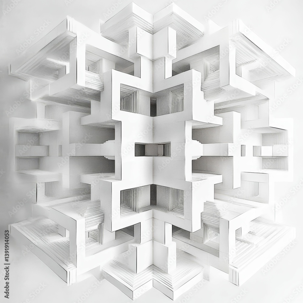 Poster white geometric structure intricate design abstract cube architectural model bright