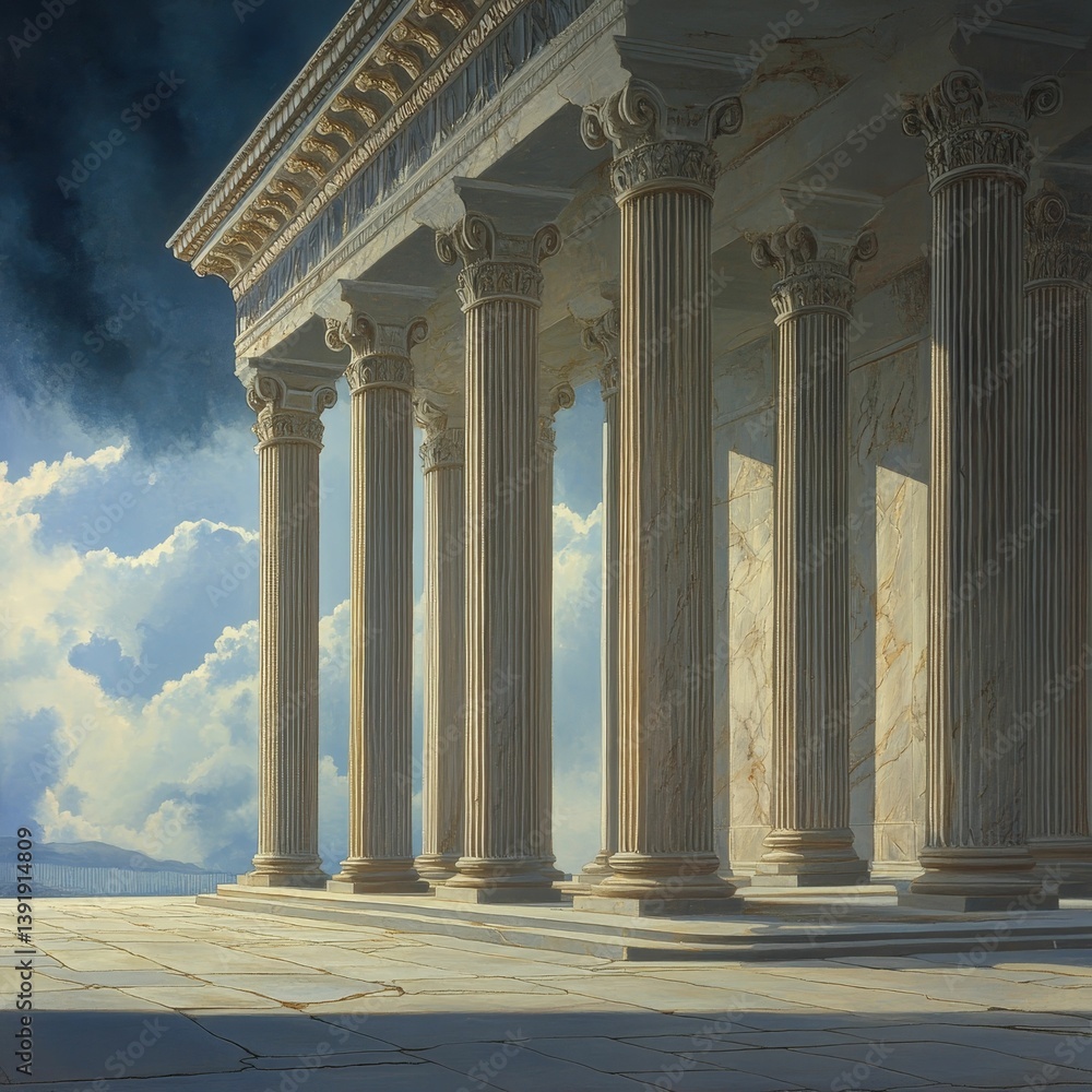 Poster architectural building with columns against a cloudy sky ancient style