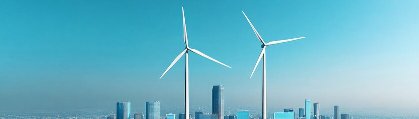 City skyline with wind turbines and solar panels, smart eco city
