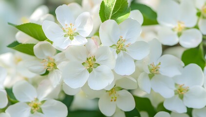 Obraz premium Close-up of white blossoms with green leaves in soft focus.