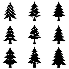 Christmas tree icons. Black christmas tree icons isolated on white background. Vector illustration.