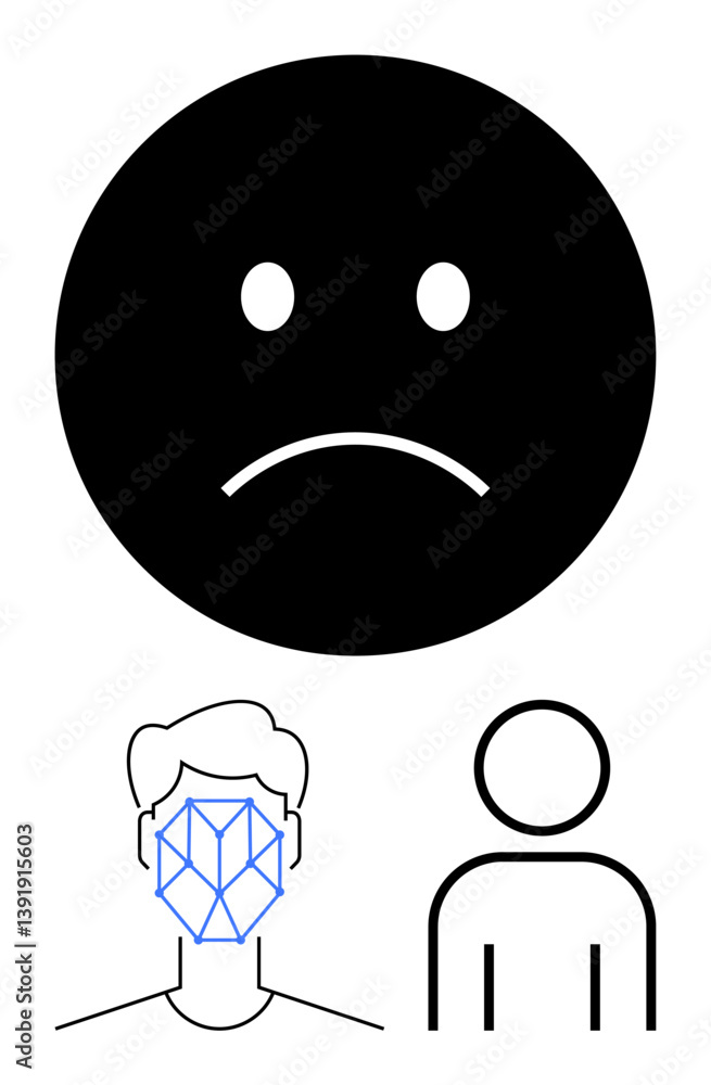 Aufkleber sad emoticon above linear face with recognition grid and minimal user icon. ideal for privacy, techn