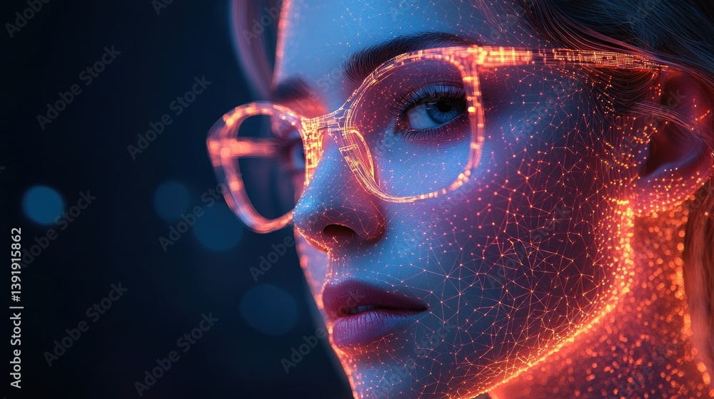 Poster artificial intelligence educator futuristic digital face cyberpunk glasses learning data neural netw