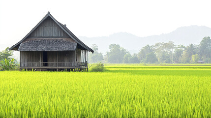 Obraz premium charming wooden Thai village house with steep roof in lush green rice field