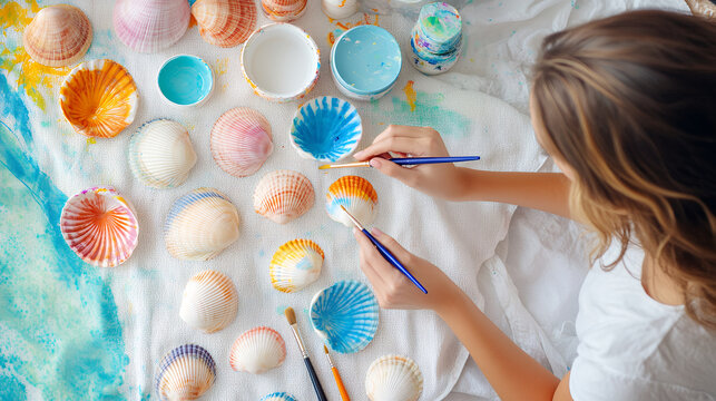 woman painting seashell with brush, creating art with joy and focus. creative person embellishing seashells with vibrant colors, happy to paint