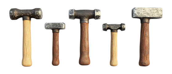 Pack of Hammer set of Five Different Poses set Against Transparent Background for Construction Branding, Tool Marketing, or DIY Design Projects