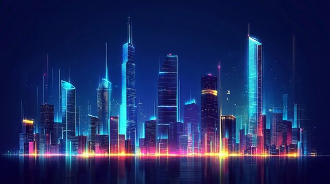 Futuristic cityscape with glowing skyscrapers against a dark blue night time sky background